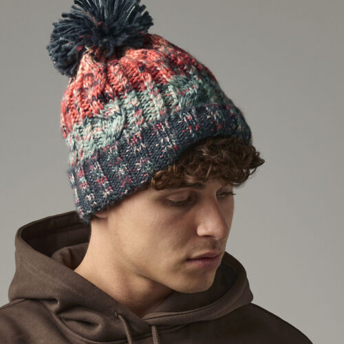 Corkscrew pom pom beanie