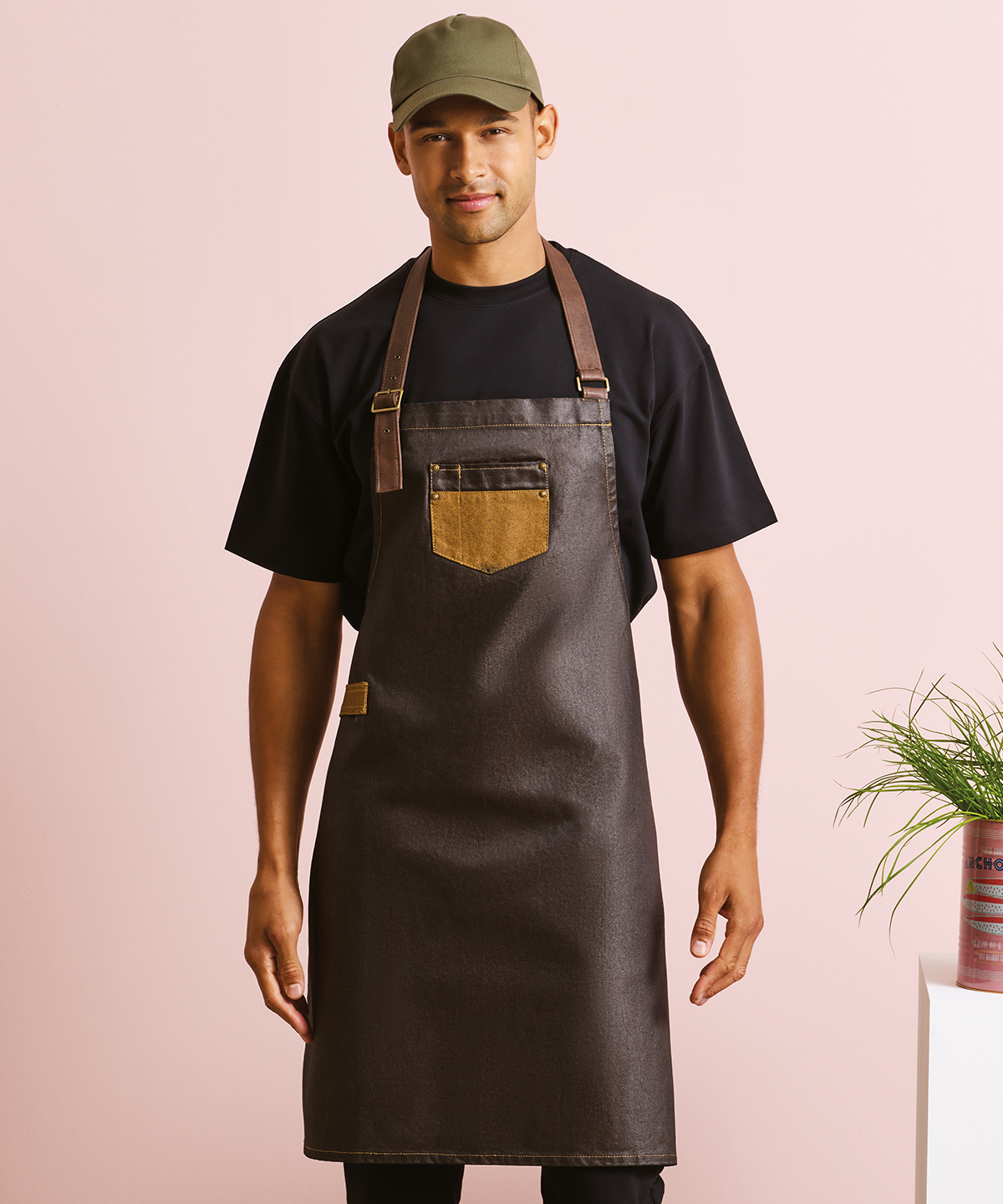 Division waxed-look denim bib apron with faux leather